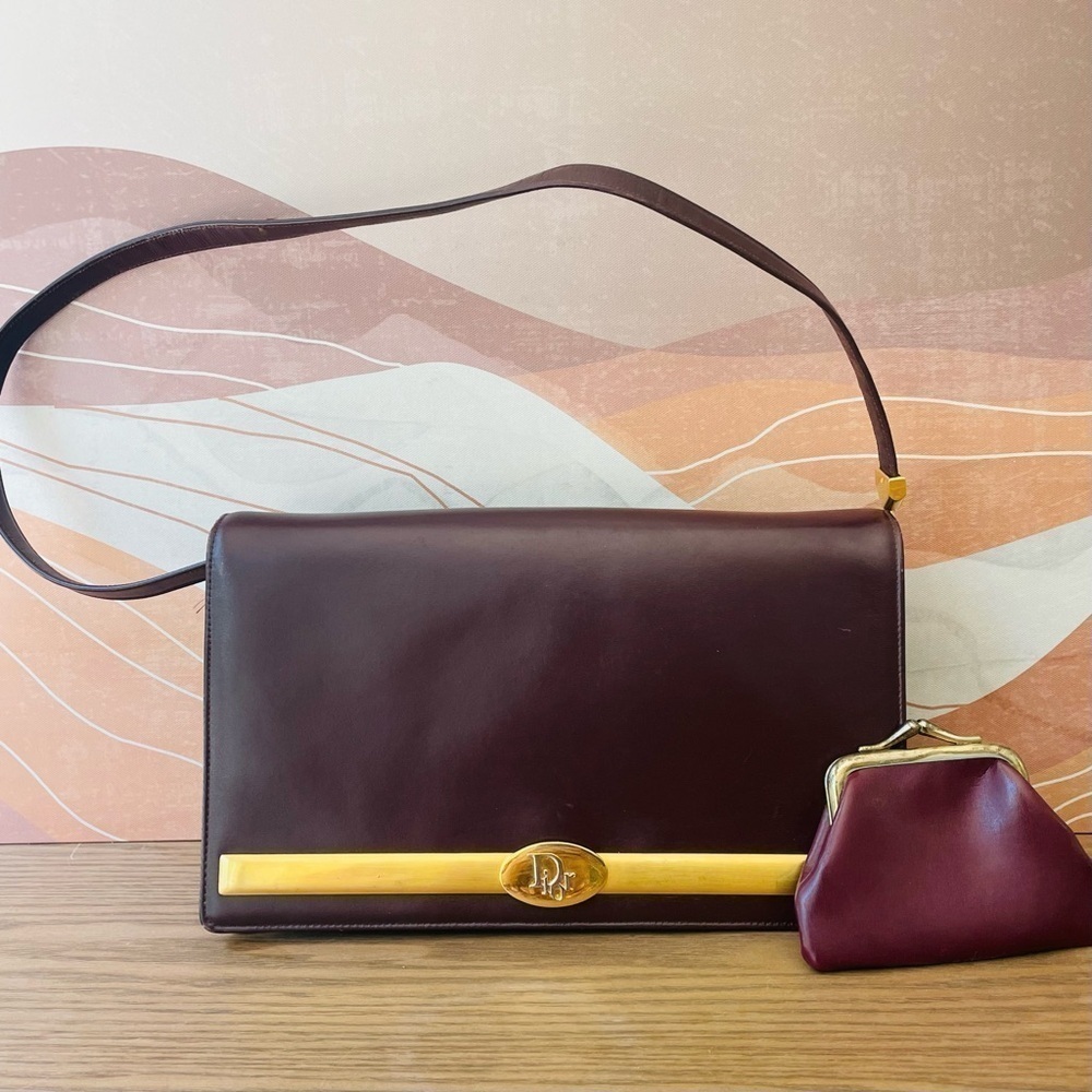 Dior Vintage 30 Montaigne Clutch Shoulder Bag Leather Bordeaux + Coin Purse